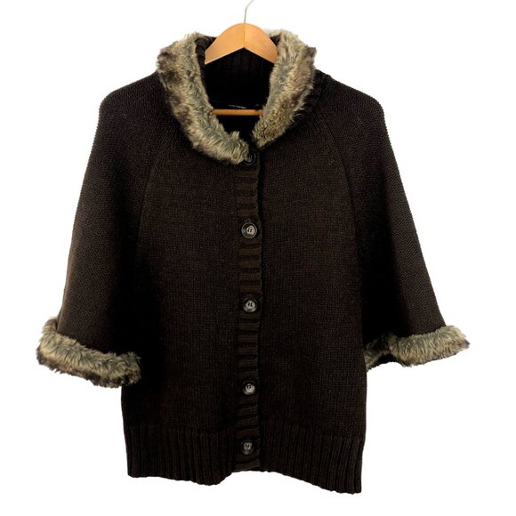 Daisy Fuentes Women's Size Medium Brown Poncho/Cape Cardigan Faux Fur Trim - Picture 1 of 10
